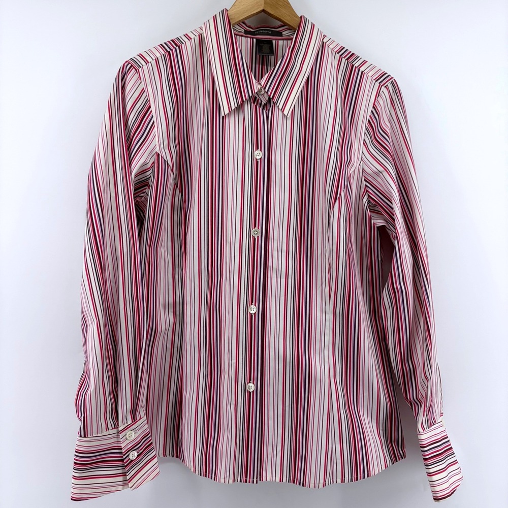 Liz Claiborne Womens Red Pink Striped Cotton Button Up Shirt Size 12 Long Sleeve